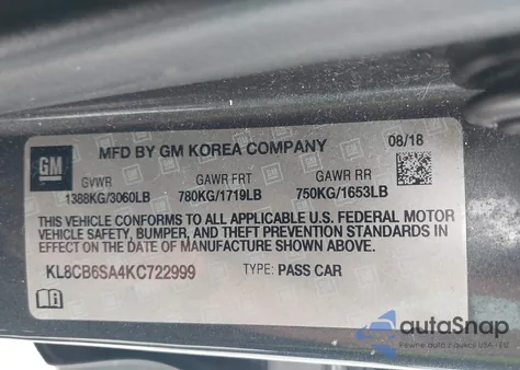 2019 Chevrolet Spark Ls Cvt из США, поврежденный, VIN KL8CB6SA4KC722999